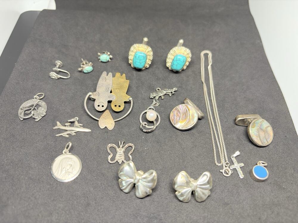 Vintage Sterling Silver Turquoise Mop Cufflink Earring Charm Brooch Jewelry Lot